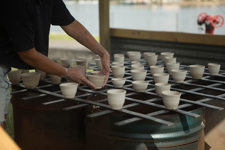 process detail of Yasmin Smith, Drowned River Valley, 2018 showing solar evaporated salt sourced from Sydney Harbour salt glaze and Barangaroo sandstone clay on salt furnace